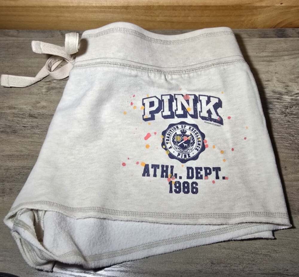 PINK Victoria's Secret Women's Large Beige Sweat Shorts Drawstring Pockets Logo